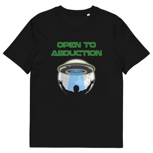 A black short-sleeve crewneck t-shirt featuring a graphic print on the front with the text 'OPEN TO ABDUCTION' in green, above a UFO hovering over a silhouetted figure with arms raised.