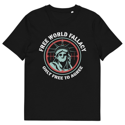 Black t shirt. This civil liberties t shirt suggests that the 'Free World' label we give our society is a fallacy, and we are only free until we start to disagree with the status quo. This design highlights how are civil liberties are constantly being reduced and how the people's voice is being muted. Made from 100% organic ring-spun cotton, this human rights t shirt is unisex, high-quality, super comfy, and best of all, eco-friendly.