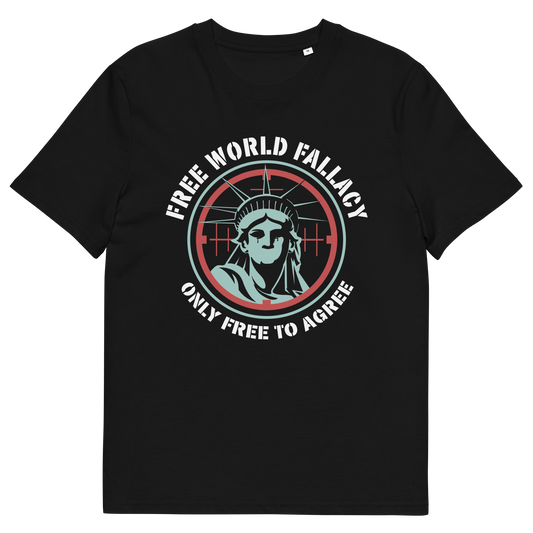 Black t shirt. This civil liberties t shirt suggests that the 'Free World' label we give our society is a fallacy, and we are only free until we start to disagree with the status quo. This design highlights how are civil liberties are constantly being reduced and how the people's voice is being muted. Made from 100% organic ring-spun cotton, this human rights t shirt is unisex, high-quality, super comfy, and best of all, eco-friendly.