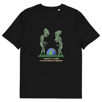 A black short-sleeve crewneck t-shirt featuring a graphic of two green aliens looking at a blue and green globe, with the text 'LEAVE IT ALONE IT'S COVERED IN GERMS' printed below in yellow.