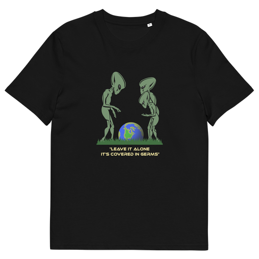 A black short-sleeve crewneck t-shirt featuring a graphic of two green aliens looking at a blue and green globe, with the text 'LEAVE IT ALONE IT'S COVERED IN GERMS' printed below in yellow.