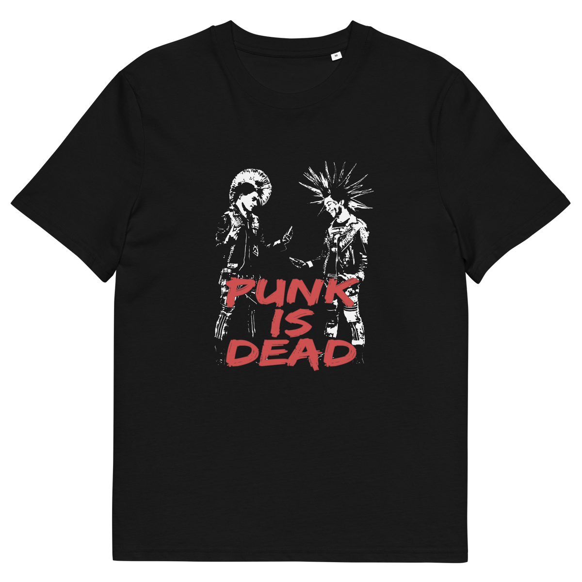 A black short-sleeve crewneck t-shirt featuring a graphic print of two punk figures facing each other above the distressed red text 'PUNK IS DEAD'.