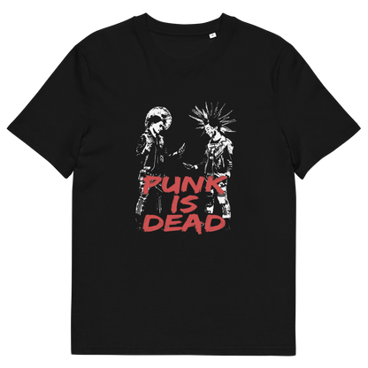 A black short-sleeve crewneck t-shirt featuring a graphic print of two punk figures facing each other above the distressed red text 'PUNK IS DEAD'.