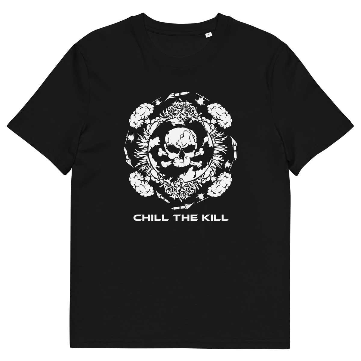 A black short-sleeve crewneck t-shirt featuring a white graphic print of a skull surrounded by roses and the text 'CHILL THE KILL' printed below it, displayed on a solid white background.