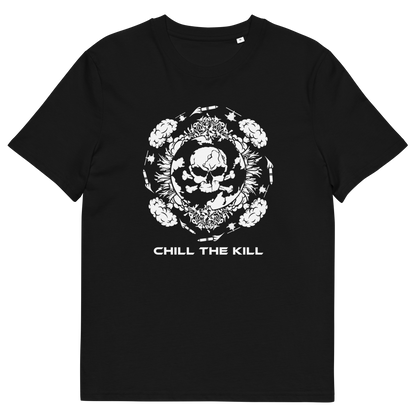 A black short-sleeve crewneck t-shirt featuring a white graphic print of a skull surrounded by roses and the text 'CHILL THE KILL' printed below it, displayed on a solid white background.