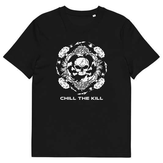 A black short-sleeve crewneck t-shirt featuring a white graphic print of a skull surrounded by roses and the text 'CHILL THE KILL' printed below it, displayed on a solid white background.