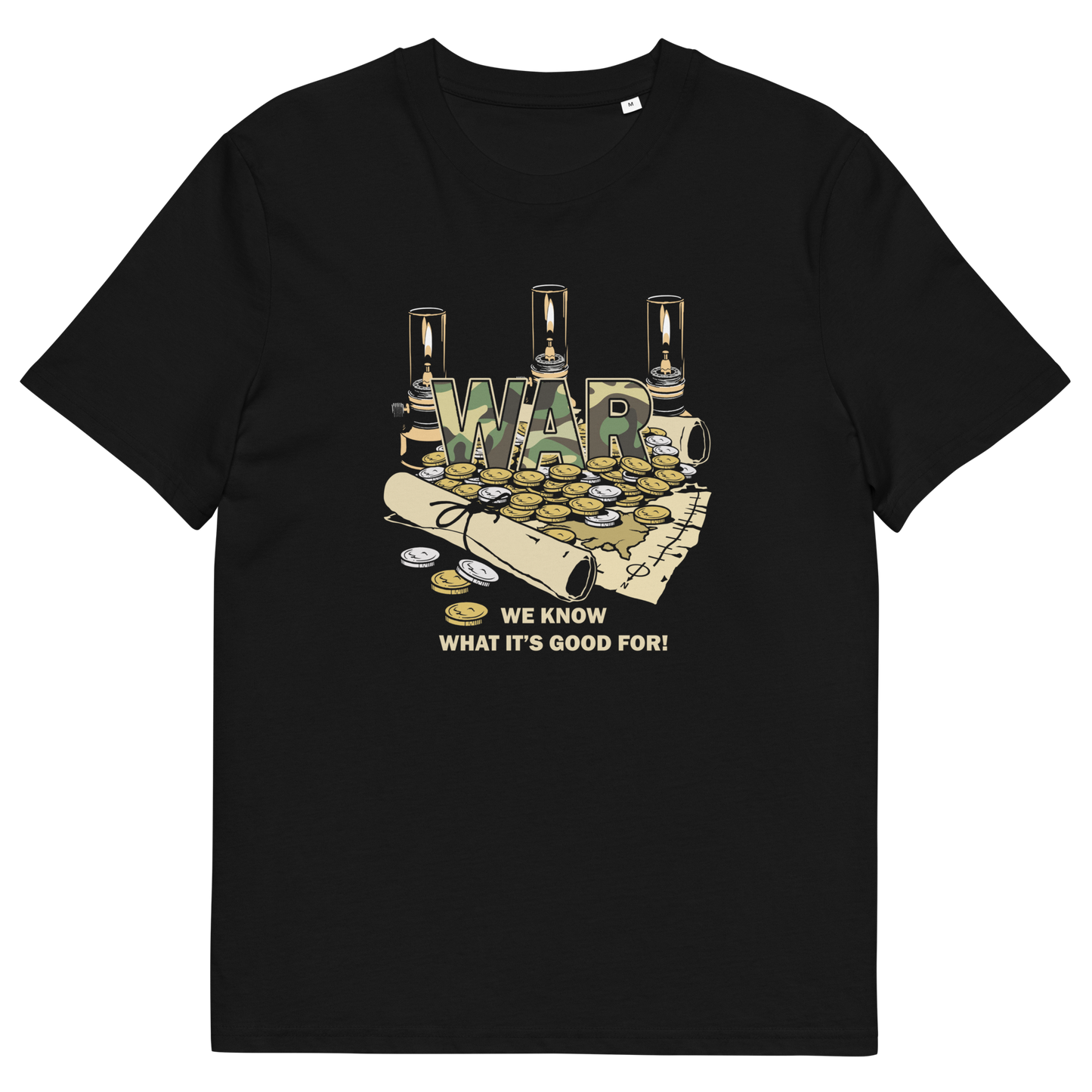 A black short-sleeve crewneck t-shirt with a graphic print on the front. The graphic features the word 'WAR' in a military camouflage pattern, layered over illustrations of three military lanterns, a rolled scroll, and scattered gold coins.