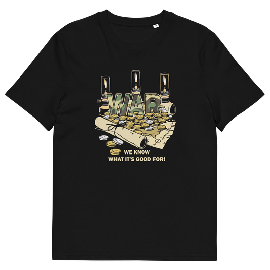 A black short-sleeve crewneck t-shirt with a graphic print on the front. The graphic features the word 'WAR' in a military camouflage pattern, layered over illustrations of three military lanterns, a rolled scroll, and scattered gold coins.