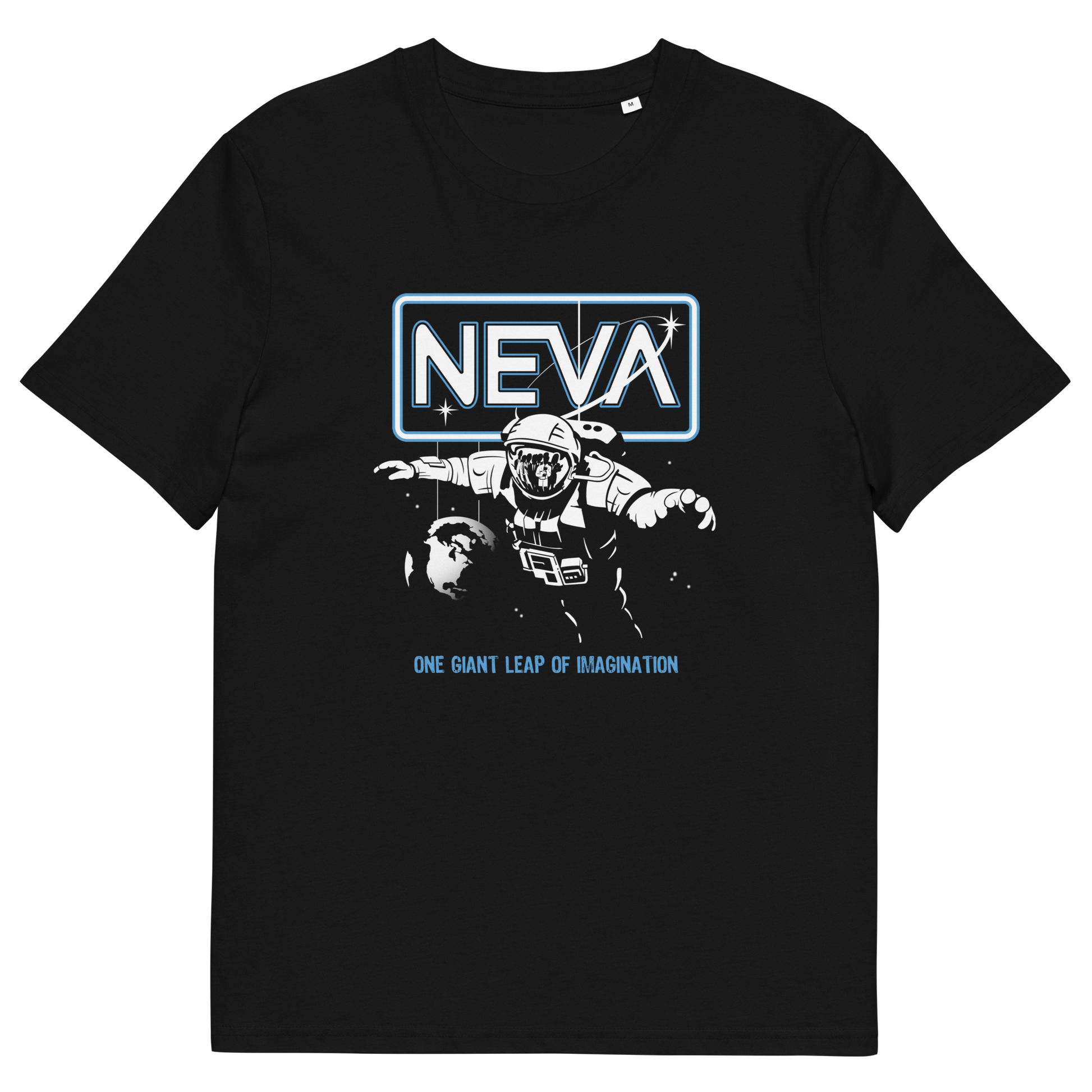 A black short-sleeve crewneck t-shirt featuring a retro sci-fi graphic on the front. The graphic displays the word 'NEVA' in white block letters inside a glowing blue rectangular border, above an illustration of a space ranger in a helmet.