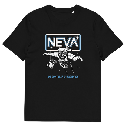 A black short-sleeve crewneck t-shirt featuring a retro sci-fi graphic on the front. The graphic displays the word 'NEVA' in white block letters inside a glowing blue rectangular border, above an illustration of a space ranger in a helmet.