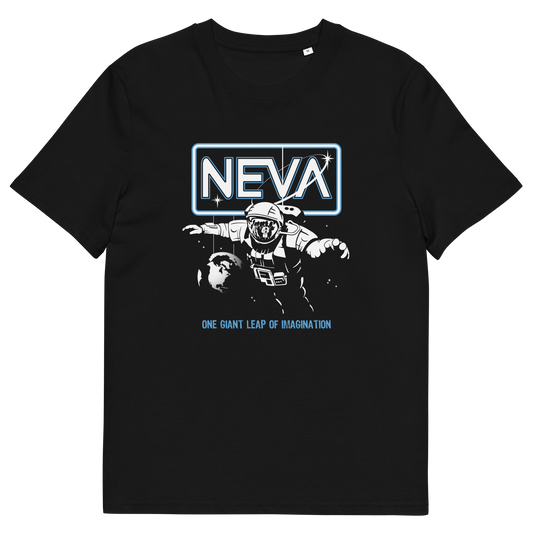 A black short-sleeve crewneck t-shirt featuring a retro sci-fi graphic on the front. The graphic displays the word 'NEVA' in white block letters inside a glowing blue rectangular border, above an illustration of a space ranger in a helmet.