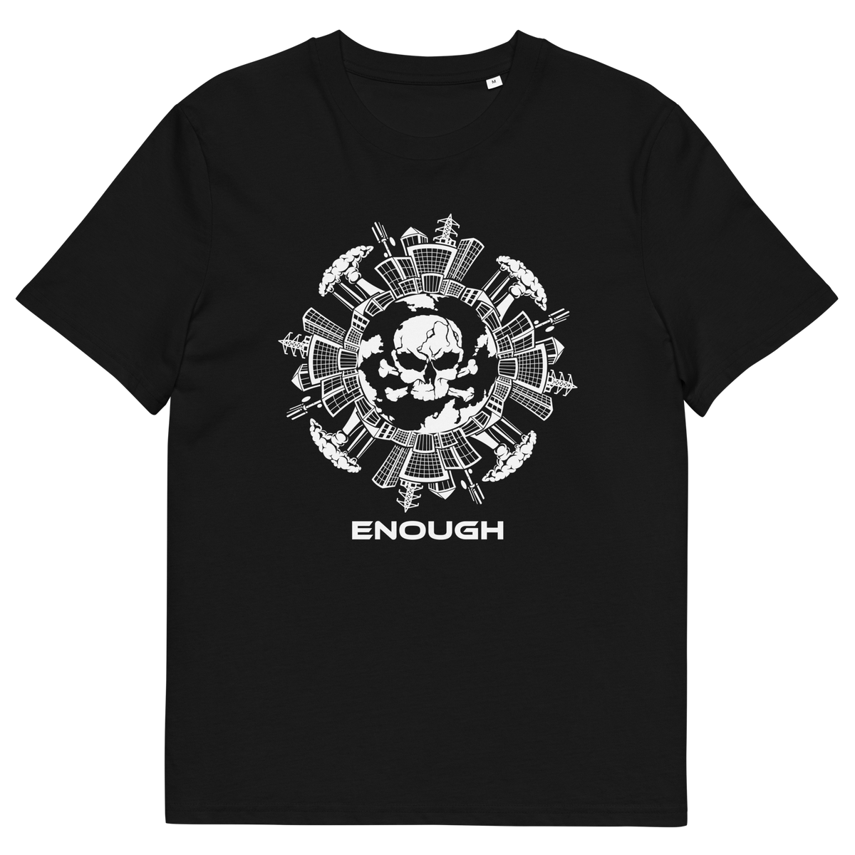 A black short-sleeve crewneck t-shirt featuring a white circular graphic on the chest with a skull and military-style insignia, and the word 'ENOUGH' printed in white below the graphic.