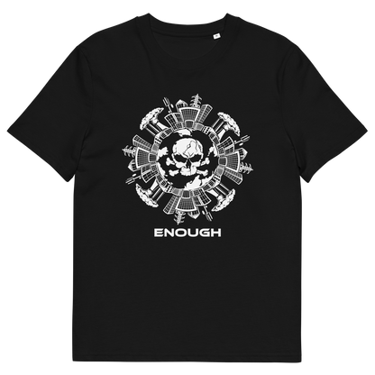A black short-sleeve crewneck t-shirt featuring a white circular graphic on the chest with a skull and military-style insignia, and the word 'ENOUGH' printed in white below the graphic.