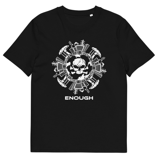 A black short-sleeve crewneck t-shirt featuring a white circular graphic on the chest with a skull and military-style insignia, and the word 'ENOUGH' printed in white below the graphic.