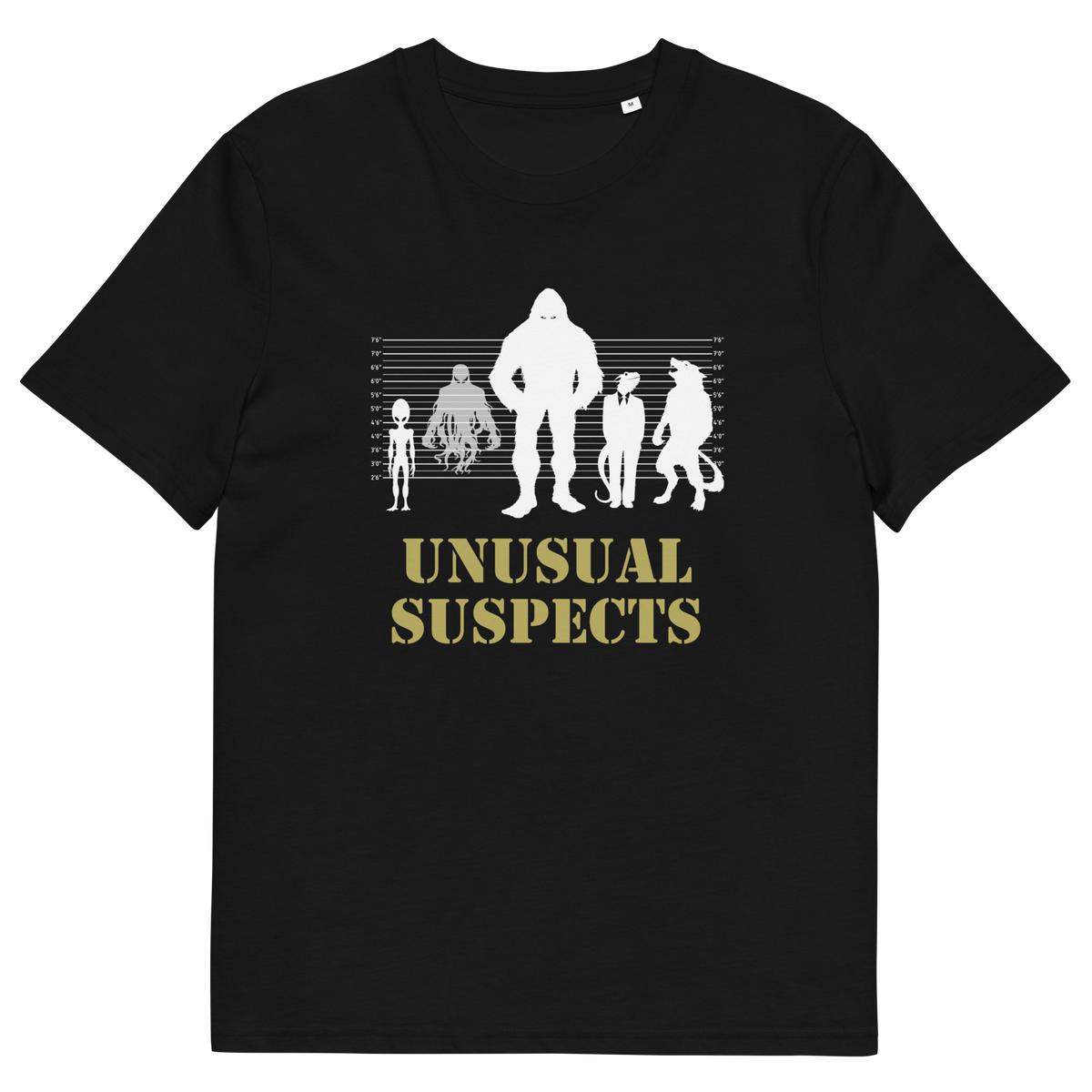 A black short-sleeve crewneck t-shirt featuring a white graphic of five silhouetted figures resembling Bigfoot in various sizes, with the text 'UNUSUAL SUSPECTS' printed below in a gold stencil-style font.