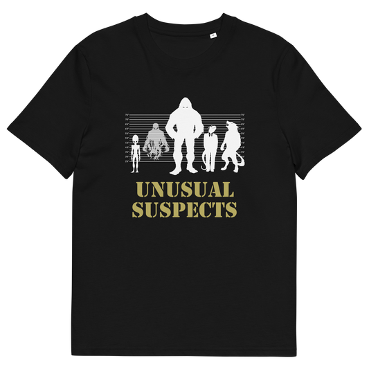 A black short-sleeve crewneck t-shirt featuring a white graphic of five silhouetted figures resembling Bigfoot in various sizes, with the text 'UNUSUAL SUSPECTS' printed below in a gold stencil-style font.