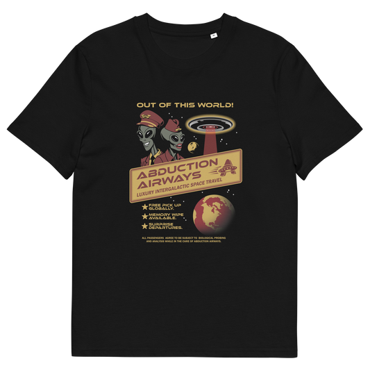 A black short-sleeve crewneck t-shirt featuring a retro sci-fi graphic on the front. The graphic displays two alien figures wearing space-age hats and fedoras next to a flying saucer, with a large sign reading 'ABDUCTION AIRWAYS' and a small globe graphic below, all on a solid black background.