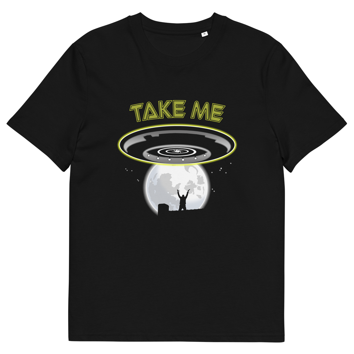 Black t shirt with a spaceship design and "TAKE ME" text.