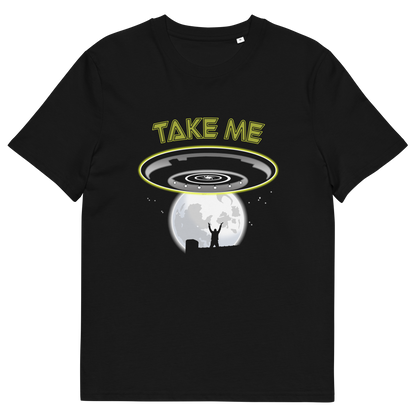 Black t shirt with a spaceship design and "TAKE ME" text.
