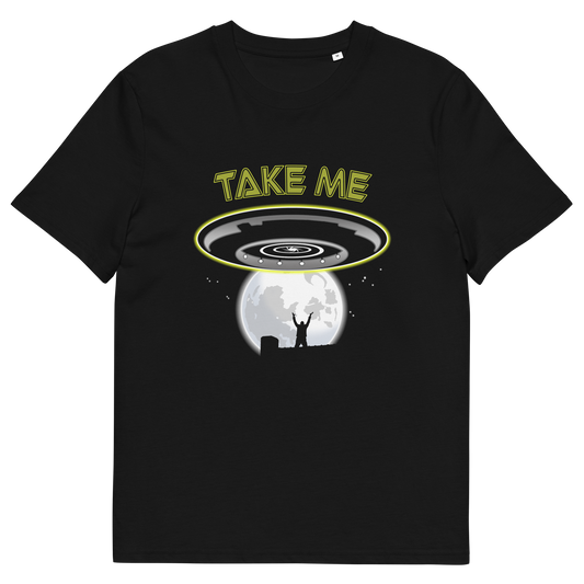 Black t shirt with a spaceship design and "TAKE ME" text.