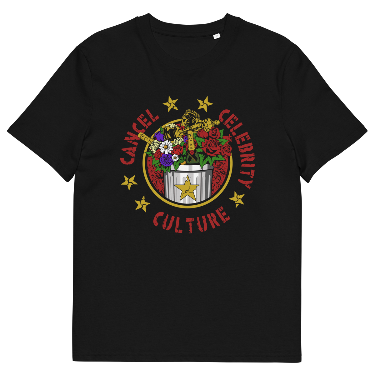 Black t shirt with "CANCEL CELEBRITY CULTURE" text.