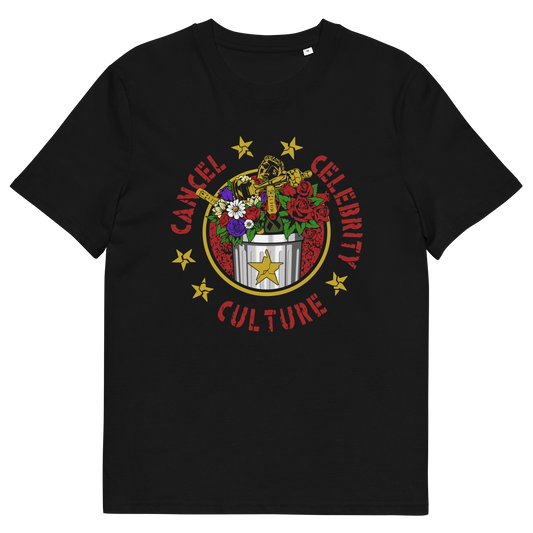 Black t shirt with "CANCEL CELEBRITY CULTURE" text.