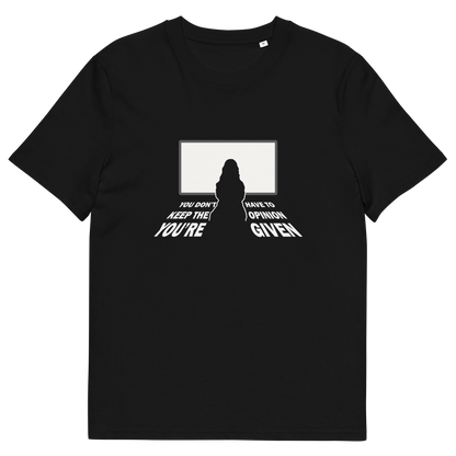 A black short-sleeve crewneck t-shirt with a white graphic print on the front. The graphic shows a silhouette of a person sitting in front of a television screen, with distorted white text below reading 'YOU DON'T HAVE TO KEEP THE OPINION YOU ARE GIVEN'.