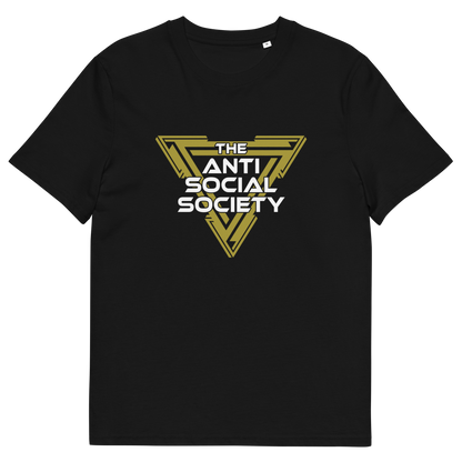 A black short-sleeve crewneck t-shirt featuring a stylized gold and white graphic on the chest that reads 'THE ANTI SOCIAL SOCIETY' inside a geometric triangular emblem.