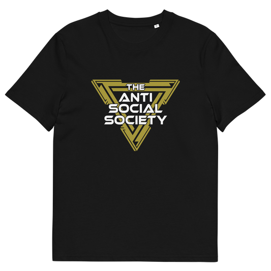 A black short-sleeve crewneck t-shirt featuring a stylized gold and white graphic on the chest that reads 'THE ANTI SOCIAL SOCIETY' inside a geometric triangular emblem.