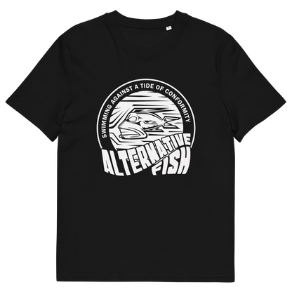 Black T-shirt with An "ALTERNATIVE FISH" logo.
