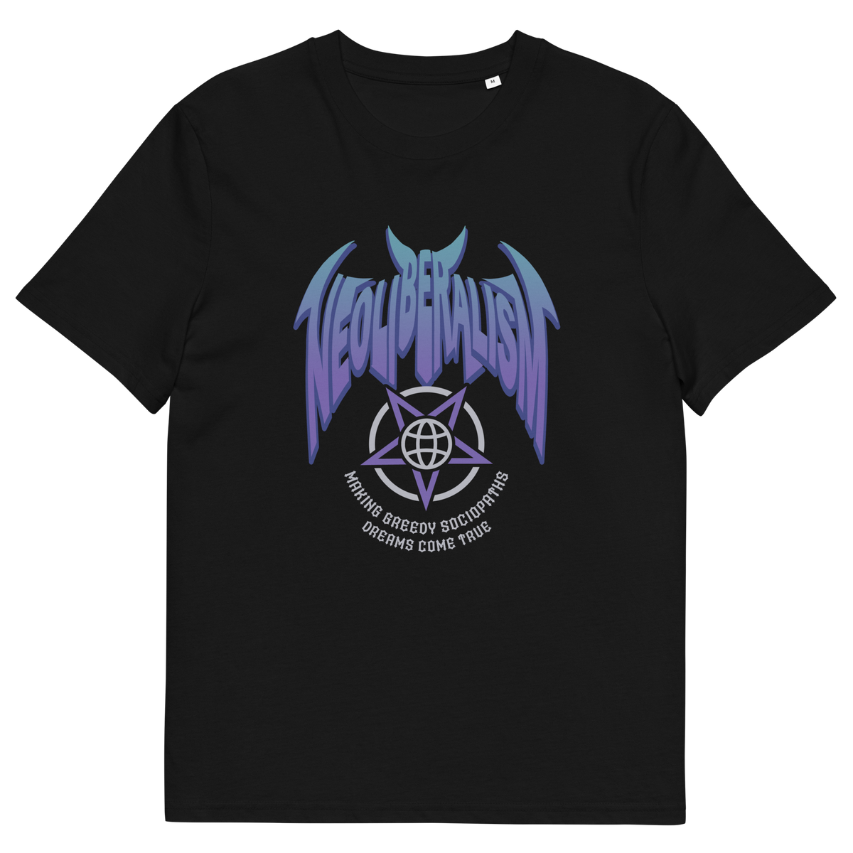 Black t-shirt with "NEOLIBERALISM" logo.
