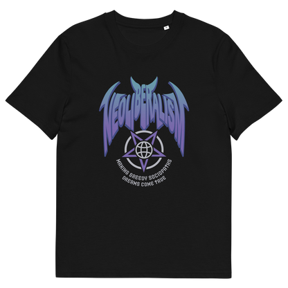 Black t-shirt with "NEOLIBERALISM" logo.