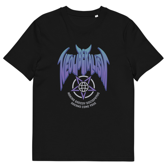 Black t-shirt with "NEOLIBERALISM" logo.
