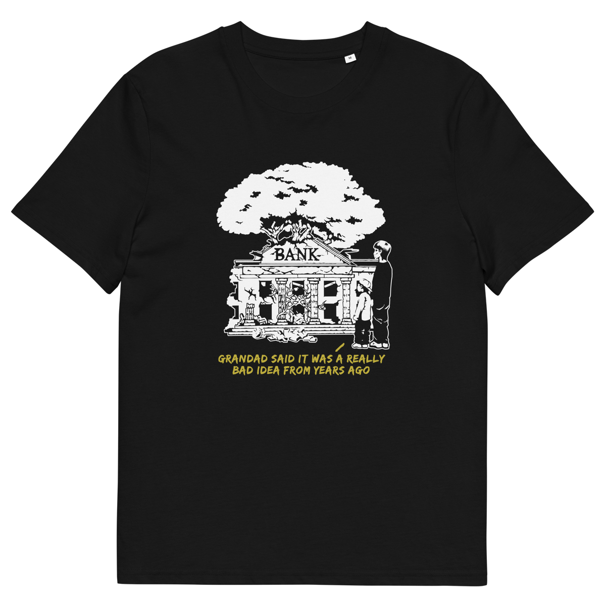 Black T-shirt with a design of a run down Bank.