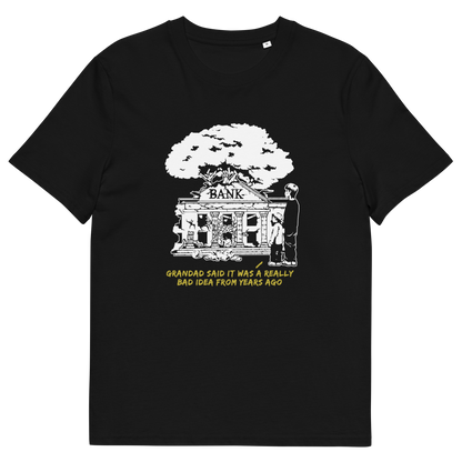 Black T-shirt with a design of a run down Bank.