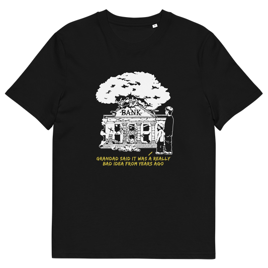 Black T-shirt with a design of a run down Bank.