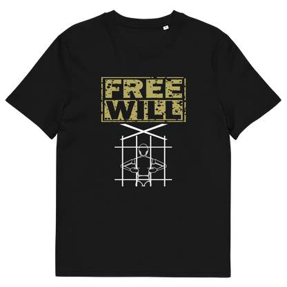 Black t-shirt with "FREE WILL" text above a puppet in prison.