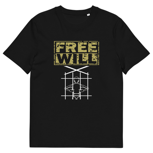 Black t-shirt with "FREE WILL" text above a puppet in prison.