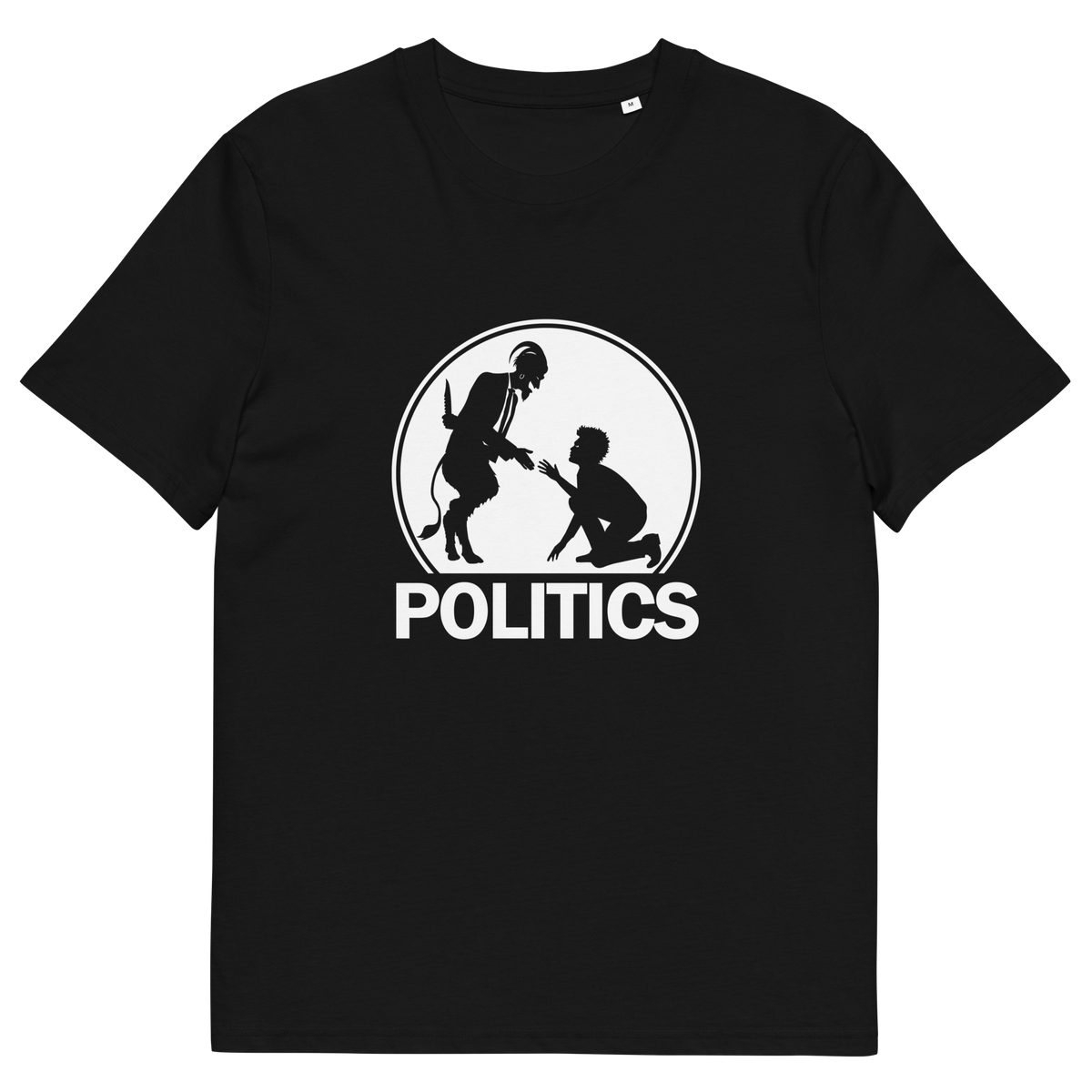 A black short-sleeve crewneck t-shirt with a white graphic print on the chest. The graphic features a circular silhouette illustration of a standing figure reaching toward a kneeling figure, with the word 'POLITICS' printed in bold white capital letters underneath.