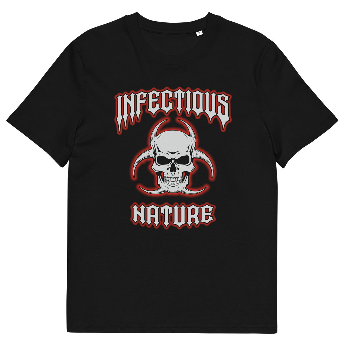A black t-shirt with a skull and biohazard logo and "INFECTIOUS NATURE" text.