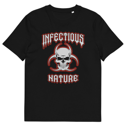 A black t-shirt with a skull and biohazard logo and "INFECTIOUS NATURE" text.