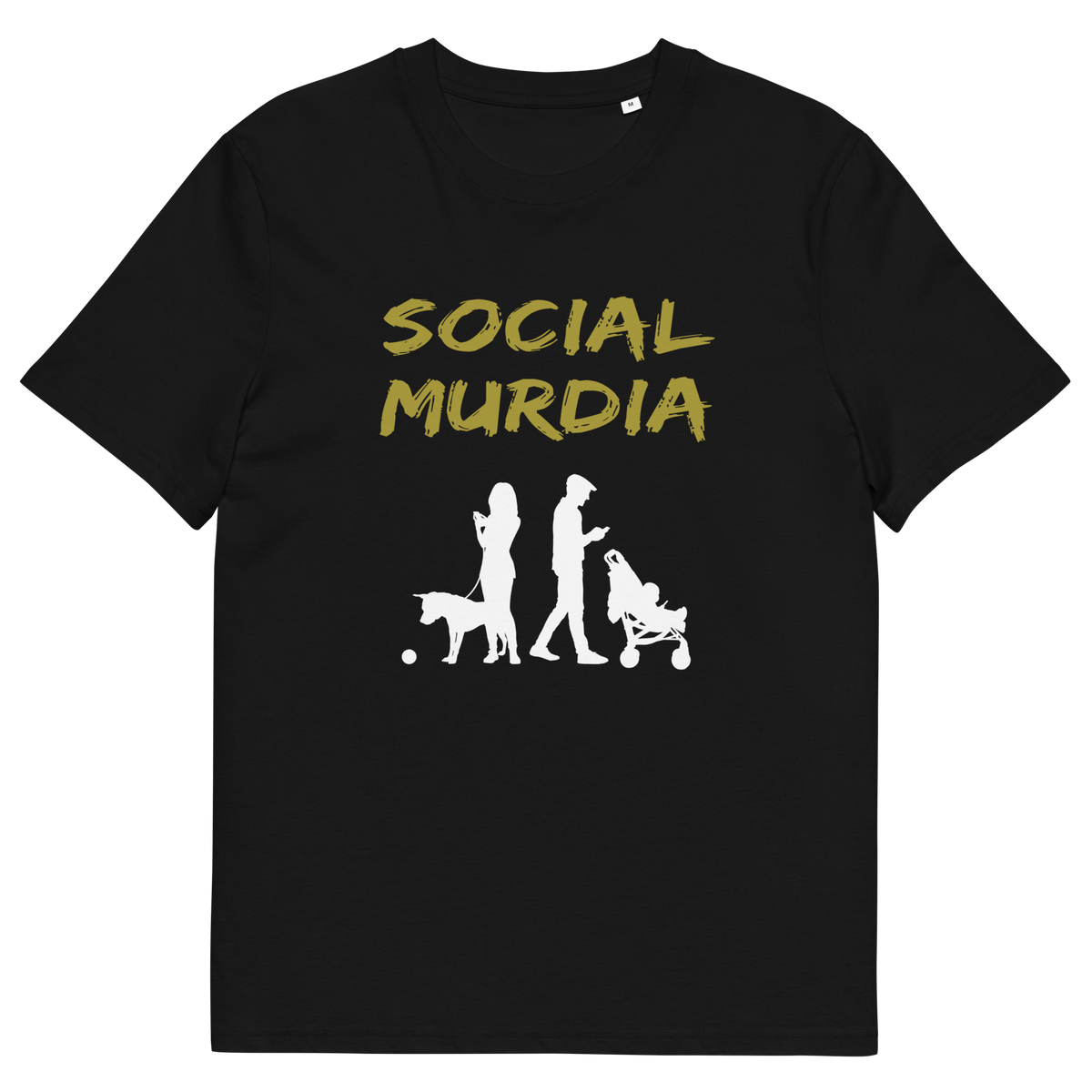 Black t-shirt with a silhouette of two people on the phone while ignoring a dog and a baby and the text "SOCIAL MURDIA".