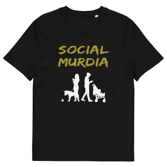 Black t-shirt with a silhouette of two people on the phone while ignoring a dog and a baby and the text "SOCIAL MURDIA".