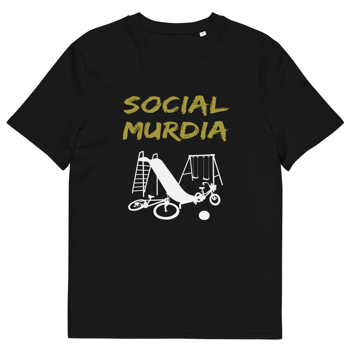 A black t-shirt with a silhouette of an empty playground and the text "SOCIAL MURDIA".