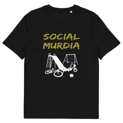 A black t-shirt with a silhouette of an empty playground and the text "SOCIAL MURDIA".