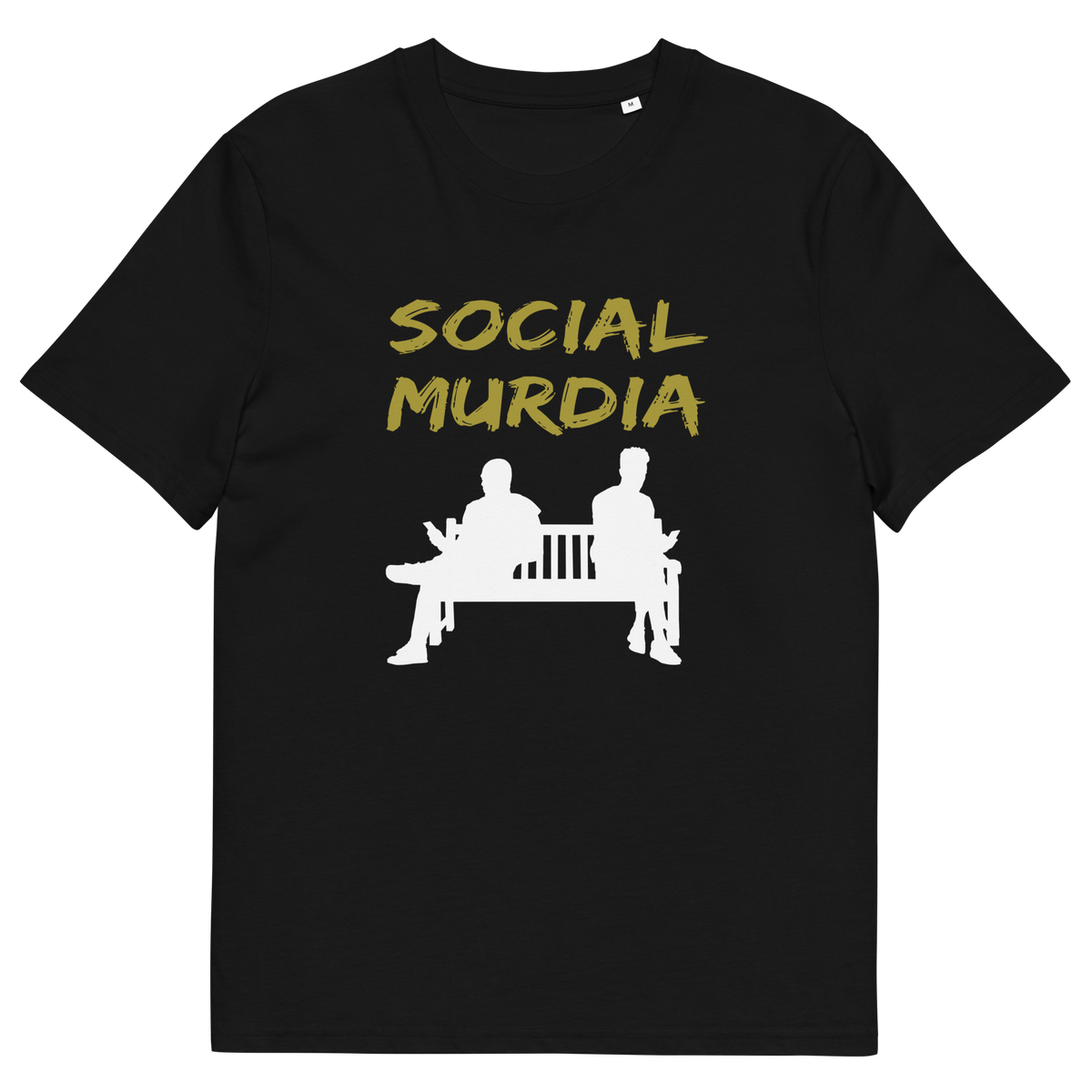A black short-sleeve crewneck t-shirt with a graphic print on the front. The print features the words 'SOCIAL MURDIA' in a textured mustard yellow font above a white silhouette of two people sitting on a bench.