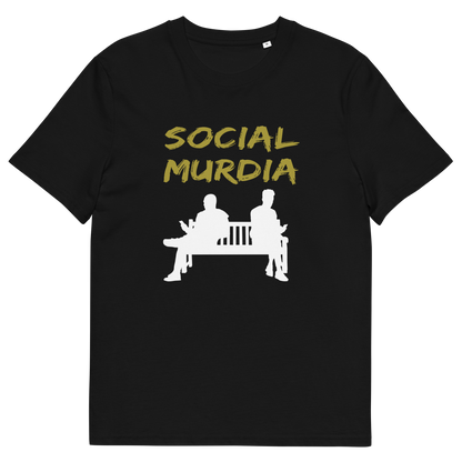 A black short-sleeve crewneck t-shirt with a graphic print on the front. The print features the words 'SOCIAL MURDIA' in a textured mustard yellow font above a white silhouette of two people sitting on a bench.