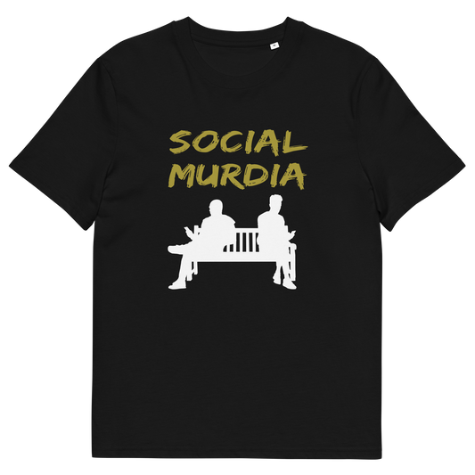 A black short-sleeve crewneck t-shirt with a graphic print on the front. The print features the words 'SOCIAL MURDIA' in a textured mustard yellow font above a white silhouette of two people sitting on a bench.