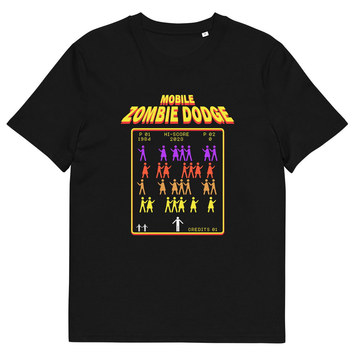 A black short-sleeve crewneck t-shirt featuring a retro video game style graphic on the chest. The graphic displays the text 'MOBILE ZOMBIE DODGE' in a yellow-orange gradient font above a grid of dancing zombie figures in purple, red, and yellow, mimicking a classic arcade game menu.