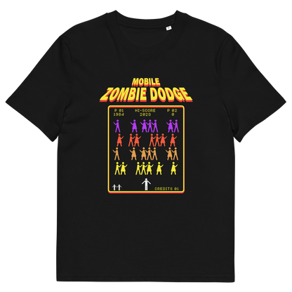 A black short-sleeve crewneck t-shirt featuring a retro video game style graphic on the chest. The graphic displays the text 'MOBILE ZOMBIE DODGE' in a yellow-orange gradient font above a grid of dancing zombie figures in purple, red, and yellow, mimicking a classic arcade game menu.